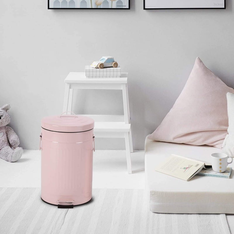 mingol Bathroom Trash Can with Lid, Small Trash Can Wastebasket for Home Bedroom with Lid, Round Waste Bin Soft Close, Retro Vintage Garbage Metal Cans for Office, 5 Liter / 1.3 Gallon, Glossy Pink - Image 2